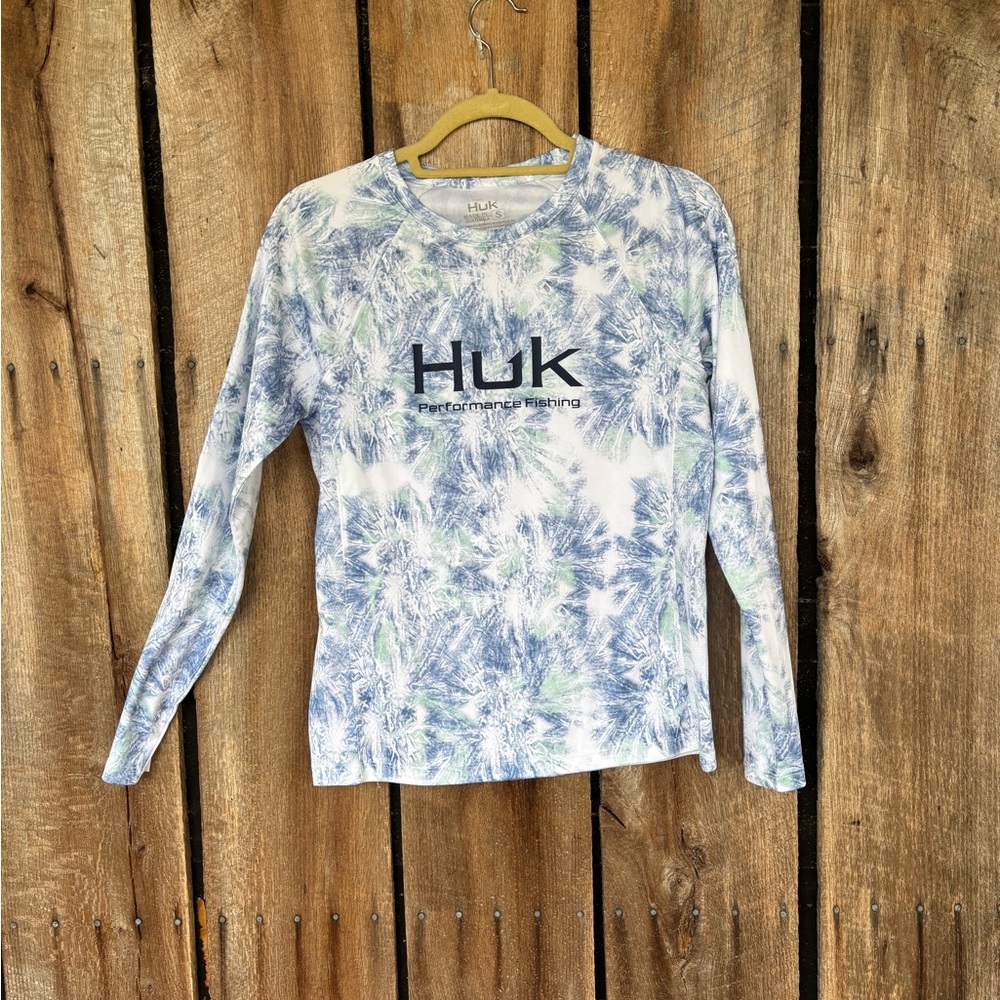 Huk Performance Fishing Shirt Womens Small Blue Green Tie Dye Long Sleeve UPF